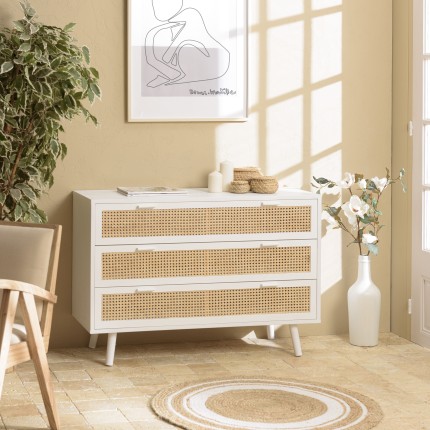 Commode blanche SMANDY 3 tiroirs cannage naturel