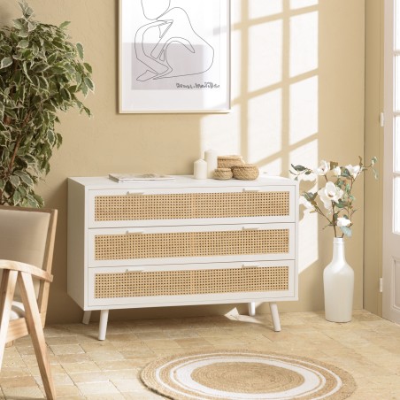 Commode blanche SMANDY 3 tiroirs cannage naturel