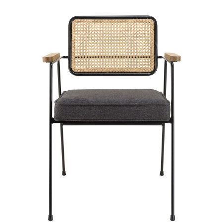 AGATHE Black Metal Armchair with Dark Grey Fabric Seat and Rattan Backrest