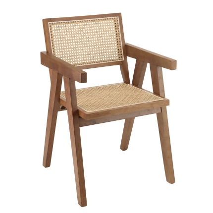 AGATHE Dark Rubberwood Armchair with Natural Rattan Backrest - Rustic Charm