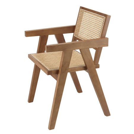 AGATHE Dark Rubberwood Armchair with Natural Rattan Backrest - Rustic Charm