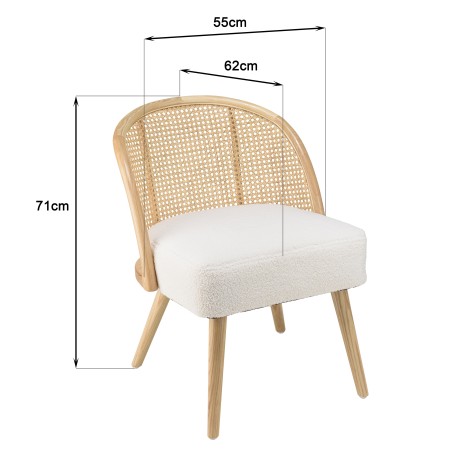 AGATHE Low Rubberwood Chair with White Bouclé Fabric Seat and Rattan Backrest