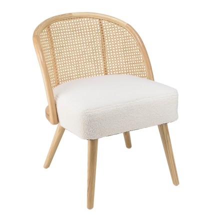 AGATHE Low Rubberwood Chair with White Bouclé Fabric Seat and Rattan Backrest