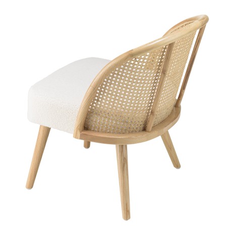 Chaise basse AGATHE en hévéa - Assise tissu bouclette blanc