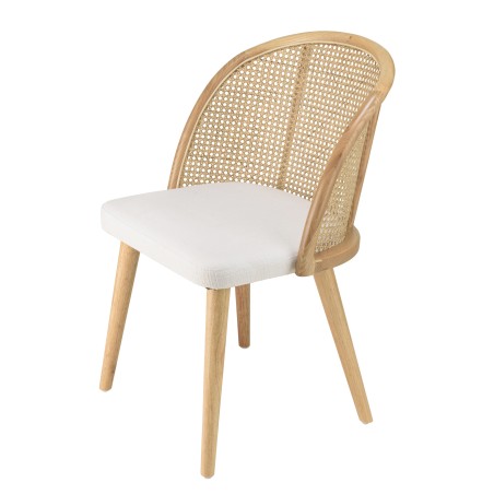 Chaise AGATHE bois d'Hévéa tissu blanc rotin