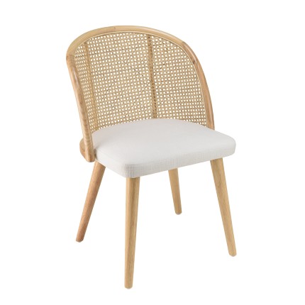 Chaise AGATHE bois d'Hévéa tissu blanc rotin
