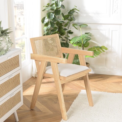 AGATHE Hevea Wood Armchair with White Fabric Seat and Rattan Backrest
