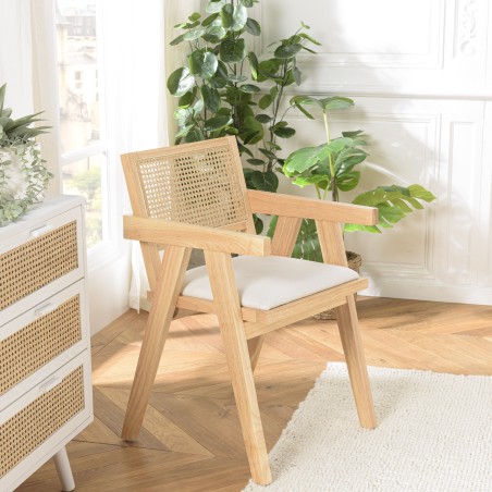 AGATHE Hevea Wood Armchair with White Fabric Seat and Rattan Backrest