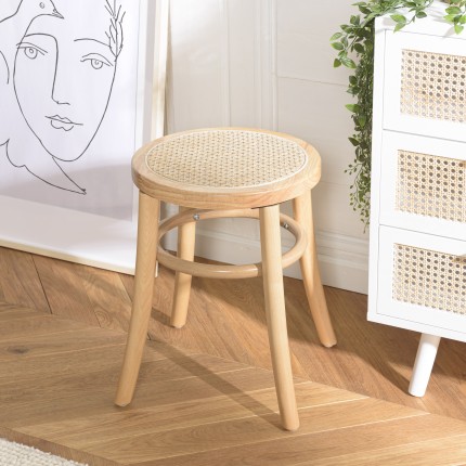 Tabouret en bois d'Hévéa AGATHE - Assise en rotin naturel