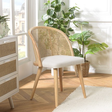 Chaise AGATHE bois d'Hévéa tissu blanc rotin