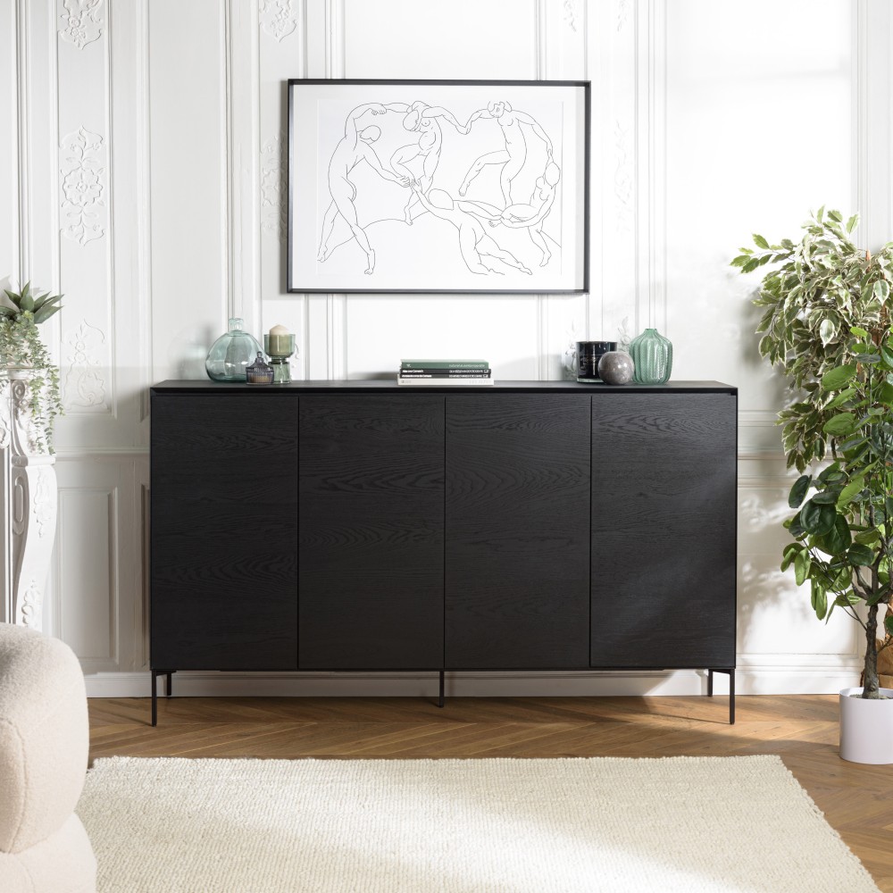 MAXENDRE Black Sideboard with 4 Doors, 6 Shelves and Metal Legs MAXENDRE Black Sideboard with 4 Doors, 6 Shelves and Metal Legs