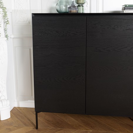 MAXENDRE Black Sideboard with 4 Doors, 6 Shelves and Metal Legs
