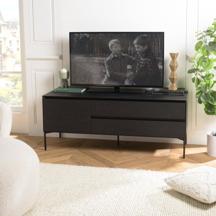 MAXENDRE Black TV Stand with 1 Door, 2 Drawers and Black Metal Legs