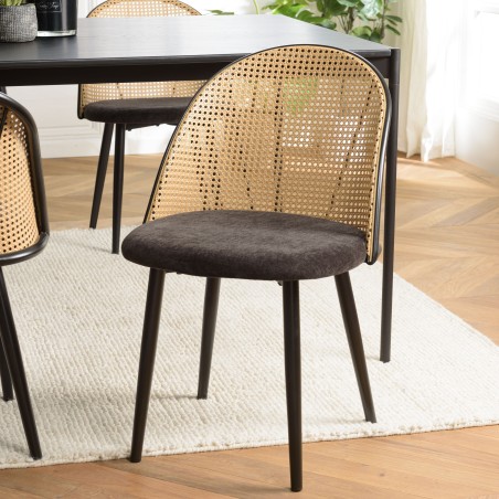 LEA Set of 2 Chairs - Black Fabric Seat and Cane-Effect Backrest