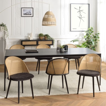 LEA Set of 2 Chairs - Black Fabric Seat and Cane-Effect Backrest