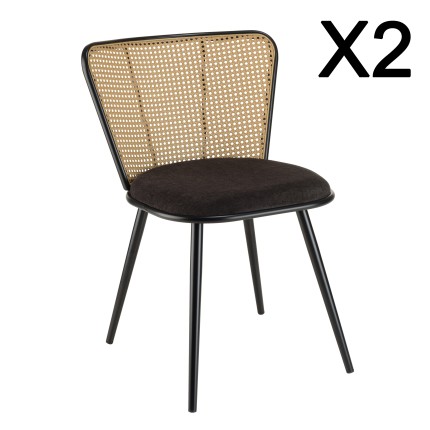 Lot de 2 chaises LEA - Assise tissu noir - Effet cannage