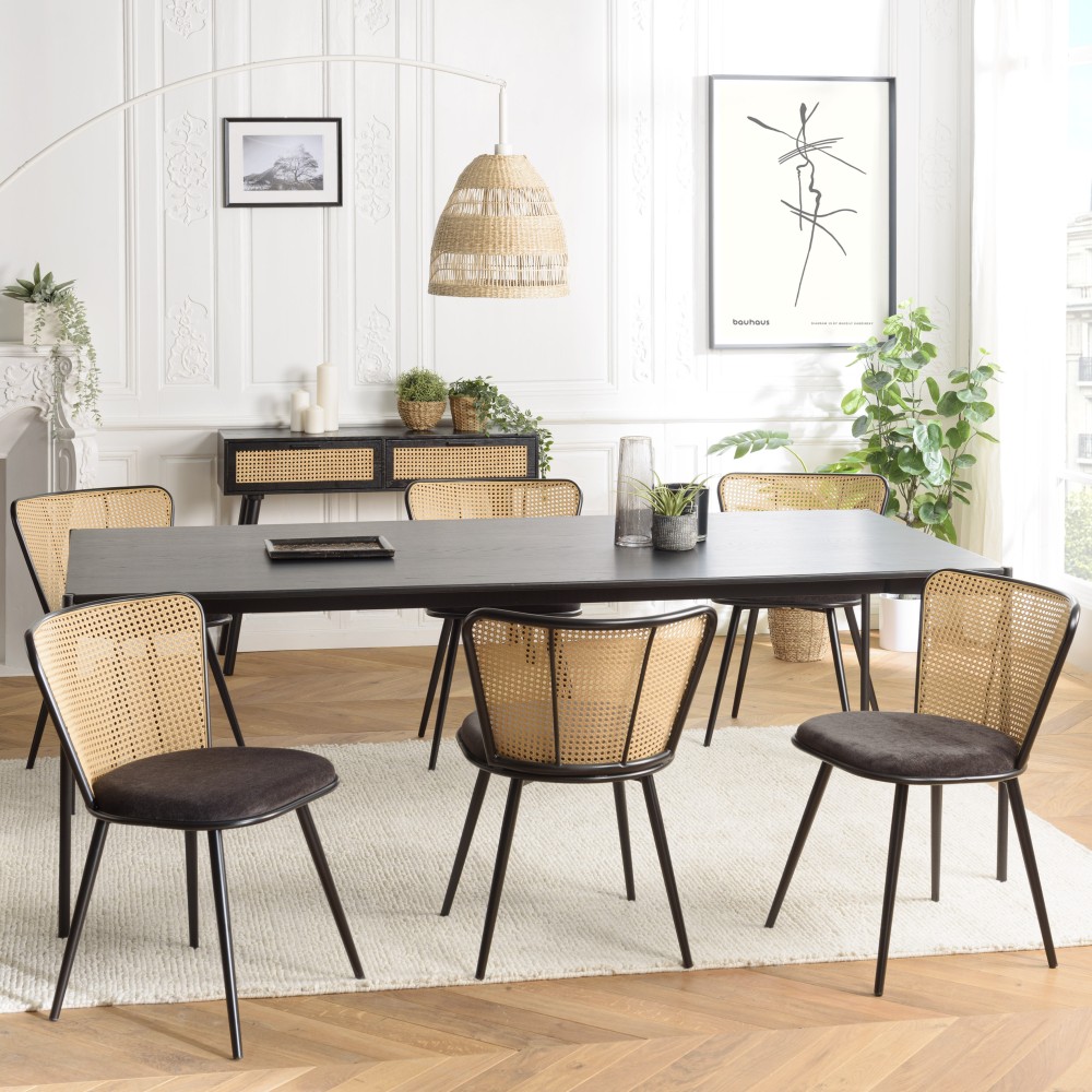 Lot de 2 chaises LEA - Assise tissu noir - Effet cannage Lot de 2 chaises LEA - Assise tissu noir - Effet cannage