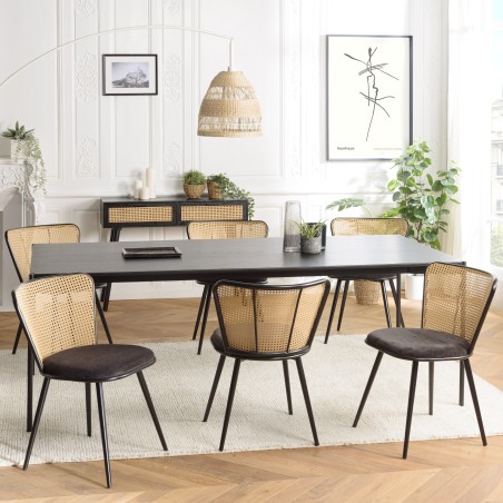 Lot de 2 chaises LEA - Assise tissu noir - Effet cannage