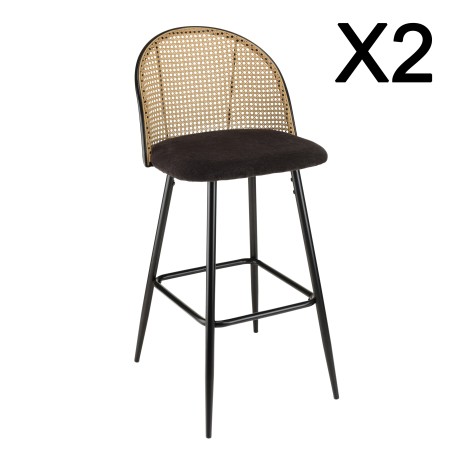 Lot de 2 tabourets de bar LEA - Assise tissu noir - Dossier effet cannage