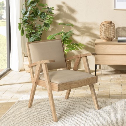 WALLY Armchair in Mindi Wood with Beige Textured Fabric Seat