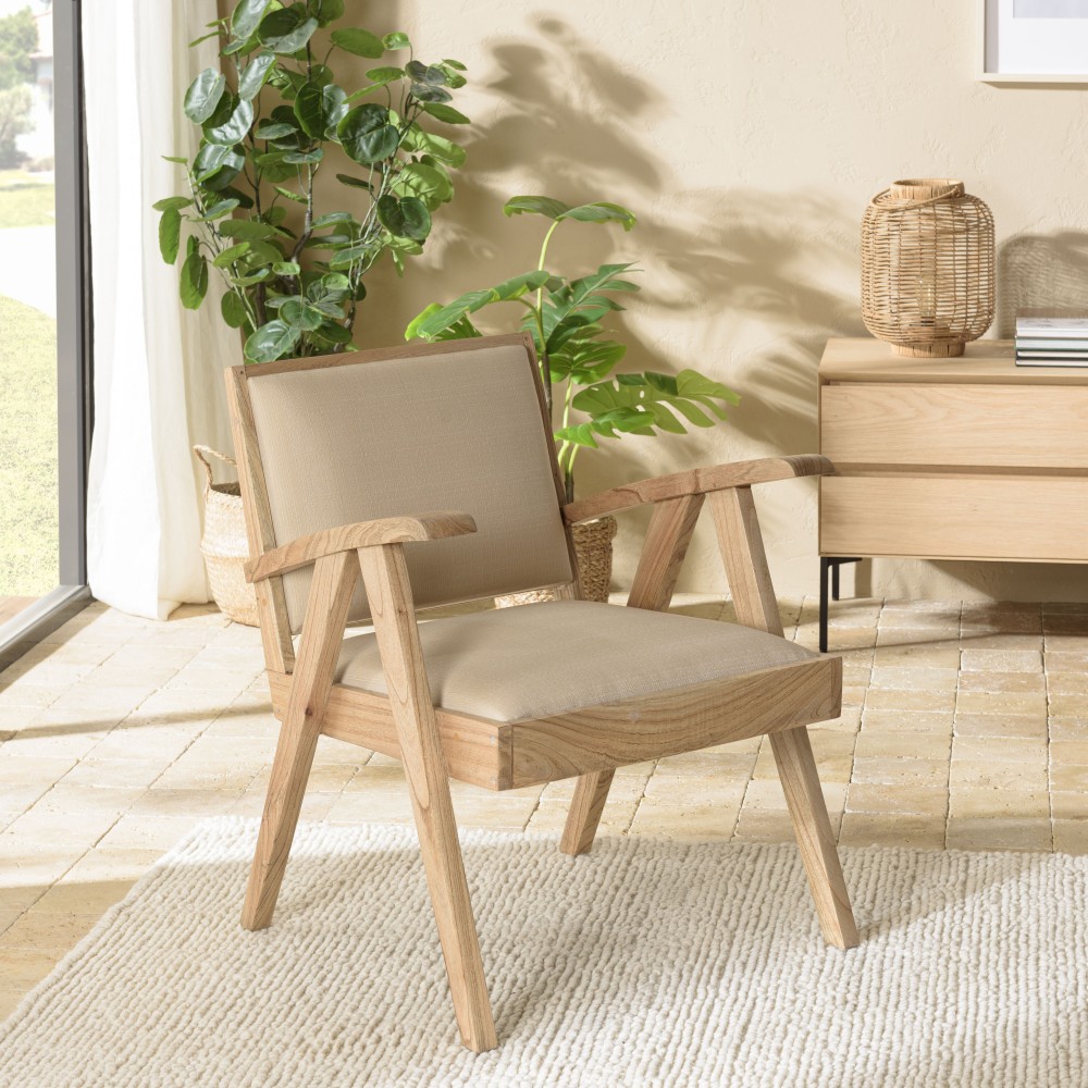Fauteuil WALLY en Mindi - Assise en tissu beige Fauteuil WALLY en Mindi - Assise en tissu beige