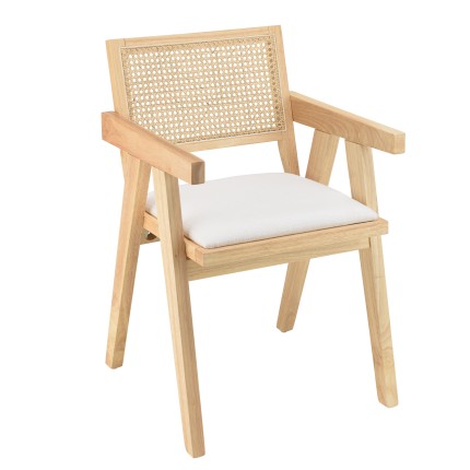 Fauteuil AGATHE bois d'hévéa assise tissu blanc