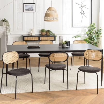 Lot 2 chaises LEA assise tissu noir et dossier cannage