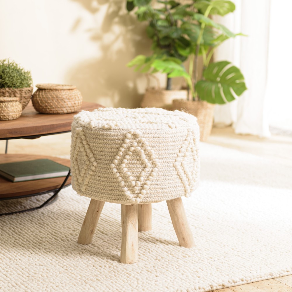 SACHA Round Stool - Ivory Diamond-Patterned Wool - 40 x 40 cm SACHA Round Stool - Ivory Diamond-Patterned Wool - 40 x 40 cm