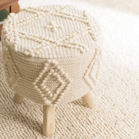Tabouret rond SACHA 40x40cm laine motifs losanges ivoire
