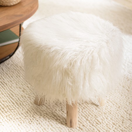 SACHA Round Stool 40x40cm Ivory Sheepskin with Wooden Legs