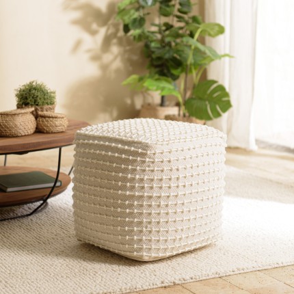 Pouf carré en laine texturée couleur ivoire SACHA