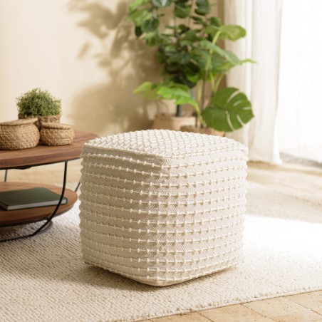 Pouf carré en laine texturée couleur ivoire SACHA