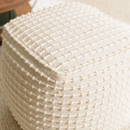 SACHA - Square Textured Ivory Wool Pouffe