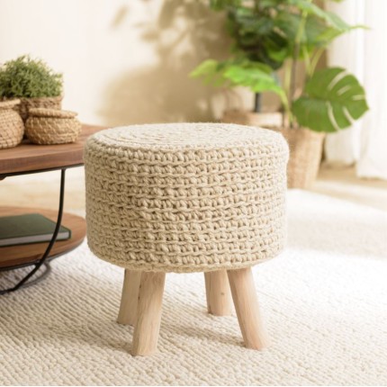 SACHA Round Stool - Ivory Woven Wool, 40 x 40 cm