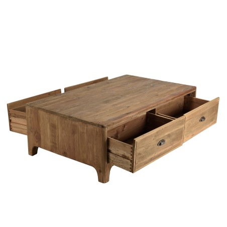 Table basse rectangulaire SANDY 140x85cm 4 tiroirs bois Pin recyclé