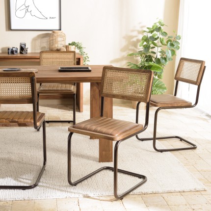 MARCEL Set of 2 Mango Wood Chairs with Padded Leather Seat and Retro Legs