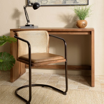 MARCEL Set of 2 Mango Wood Armchairs with Leather Seat