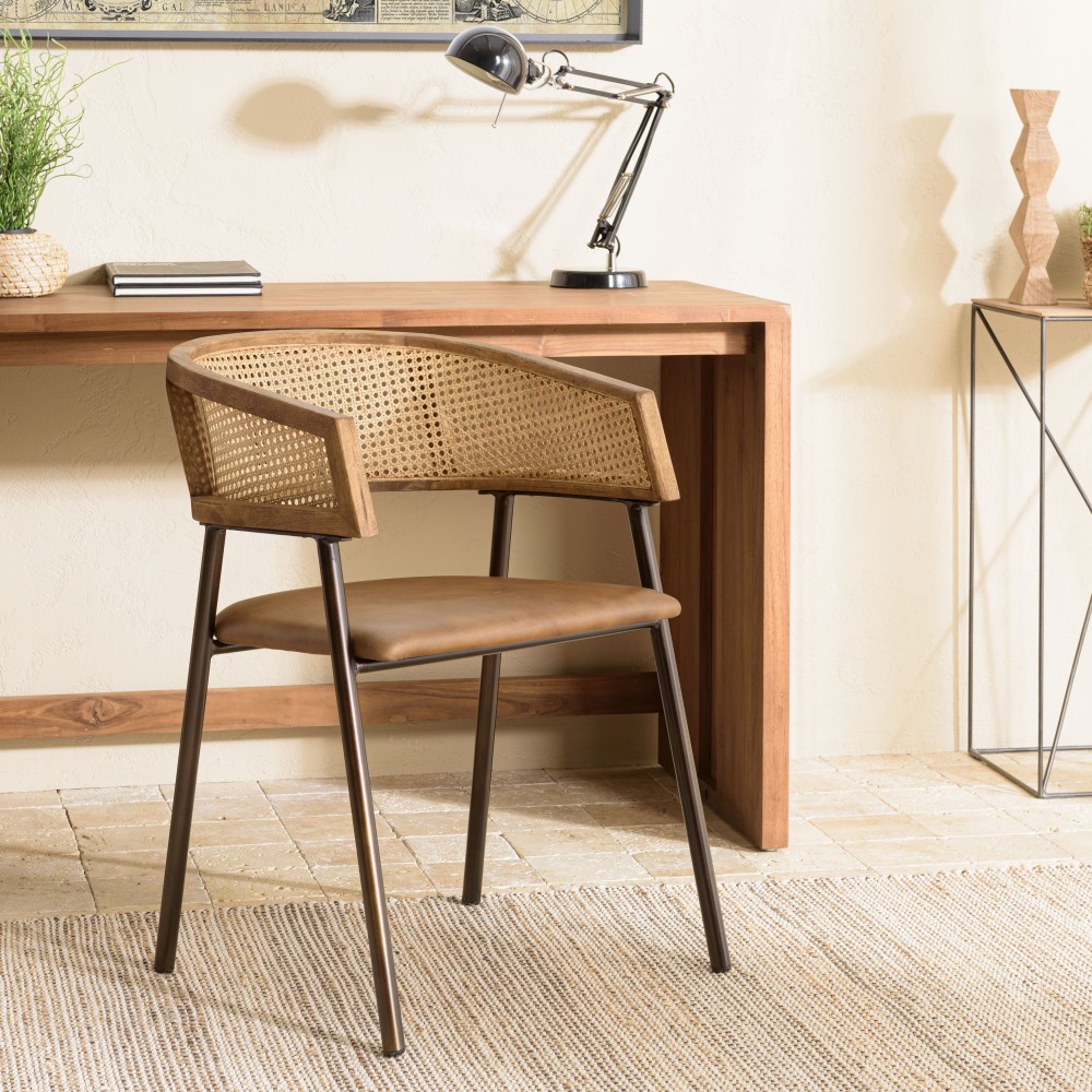 MARCEL Set of 2 Armchairs - Leather Seat, Mango Wood & Rattan Backrest MARCEL Set of 2 Armchairs - Leather Seat, Mango Wood & Rattan Backrest