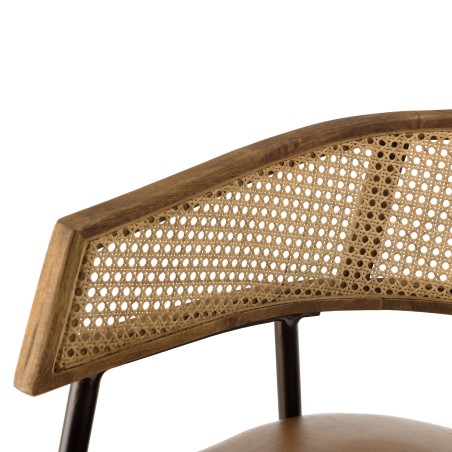 MARCEL Set of 2 Armchairs - Leather Seat, Mango Wood & Rattan Backrest