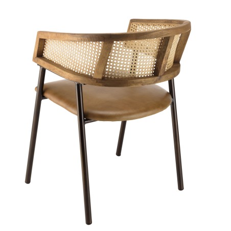 MARCEL Set of 2 Armchairs - Leather Seat, Mango Wood & Rattan Backrest