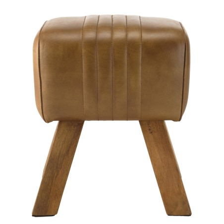 MARCEL Brown Leather Upholstered Stool with Slanted Mango Wood Legs