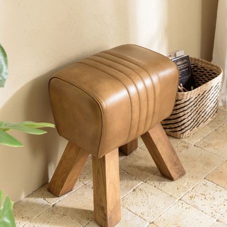 MARCEL Brown Leather Upholstered Stool with Slanted Mango Wood Legs