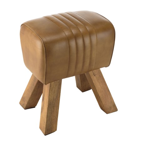 Tabouret en cuir marron MARCEL - Pieds inclinés en manguier