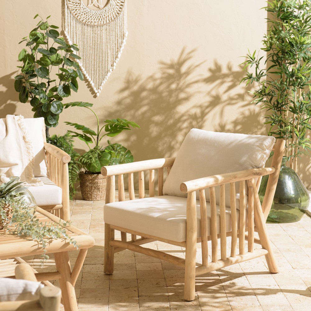 WILL - BORNEO Armchair | Natural Teak Branches with White Cushions WILL - BORNEO Armchair | Natural Teak Branches with White Cushions