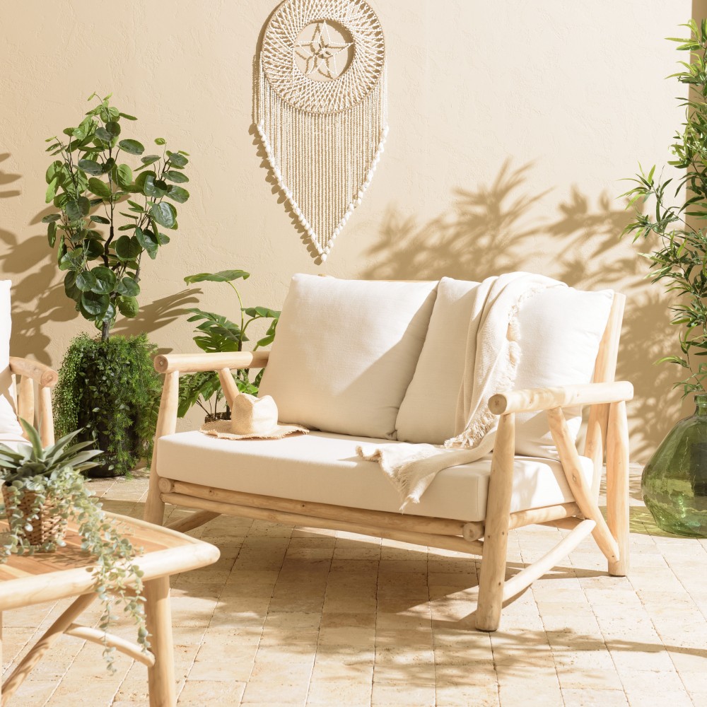 WILL - MADURA 2-seater Sofa | Natural Teak Branches with White Cushions WILL - MADURA 2-seater Sofa | Natural Teak Branches with White Cushions