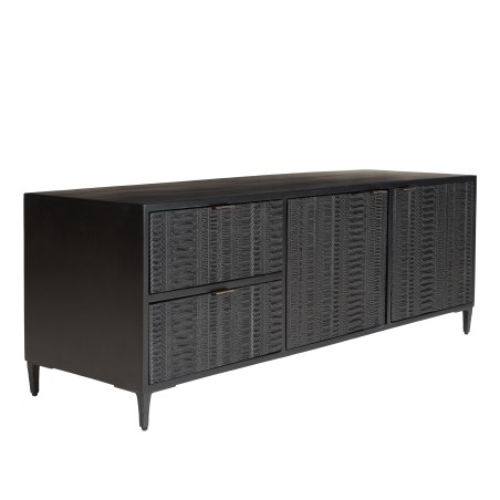 GLORIA Black Mango Wood TV Stand - 2 Doors, 2 Carved Drawers