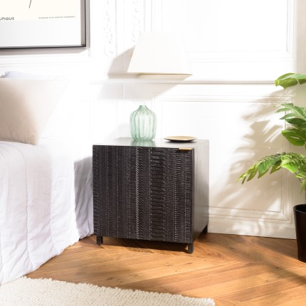 GLORIA Black Mango Wood Bedside Table with Carved Door and Metal Legs