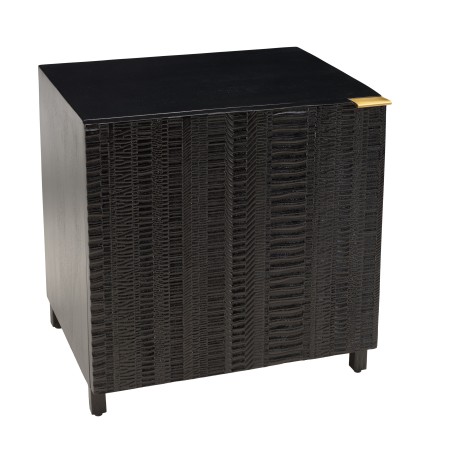 GLORIA Black Mango Wood Bedside Table with Carved Door and Metal Legs