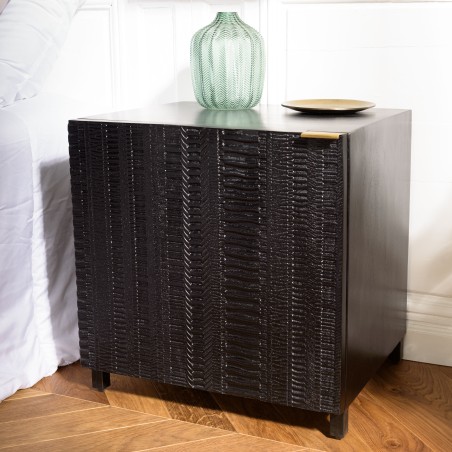 GLORIA Black Mango Wood Bedside Table with Carved Door and Metal Legs
