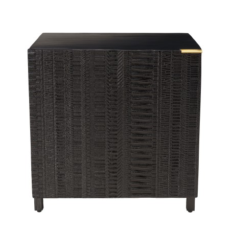 GLORIA Black Mango Wood Bedside Table with Carved Door and Metal Legs